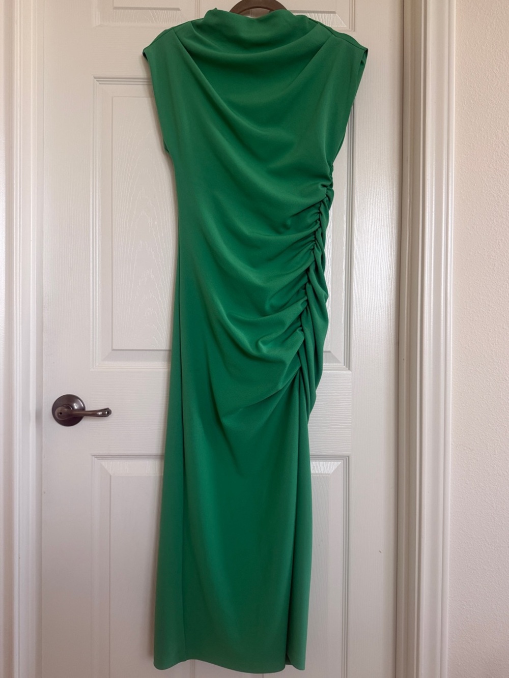 Anthropologie The Maya Green Ruched Cowl Neck Slit Midi Dress Size Small